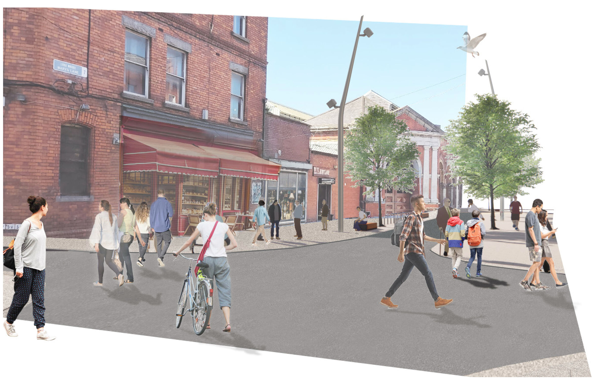 Illustration of an improved public square with trees, seating and space for walking and cycling.