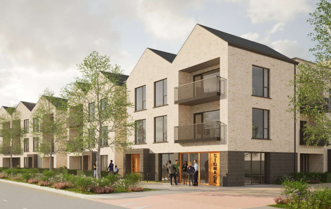 Artist impression of a row of houses with people standing in the front.