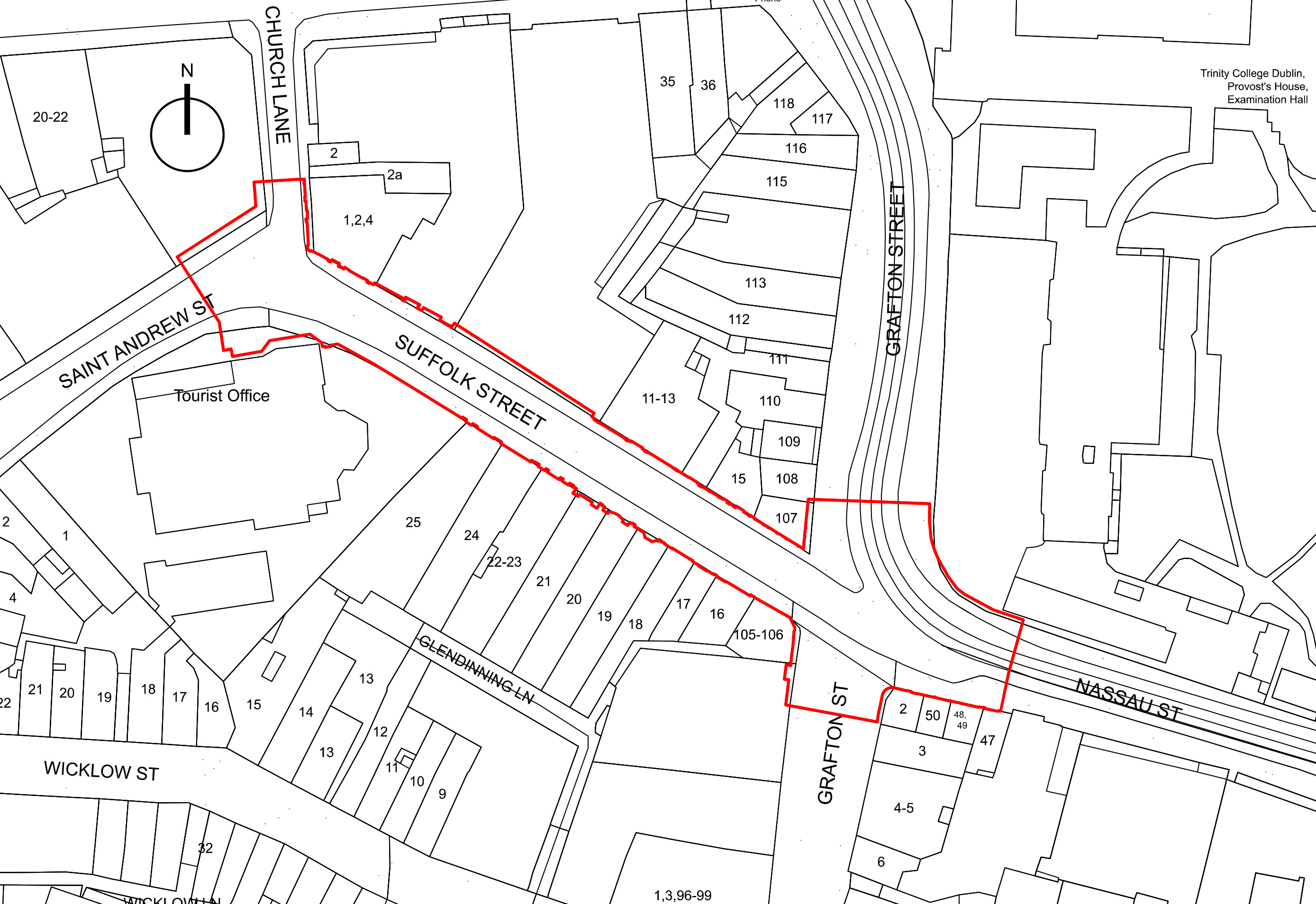 Extract from Ordnance Survey Map showing Suffolk Street and the surrounding area with a red outline highlighting Suffolk Street