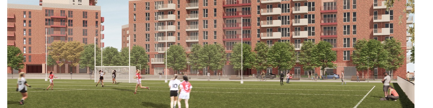 artists impression of the playing fields and development at Donore Avenue