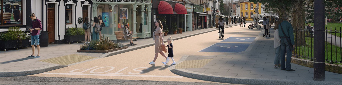 Photo looking northwest along the northeast side of Sandymount Green during summer weekend pedestrianisation showing people enjoying a vibrant environment on the street.