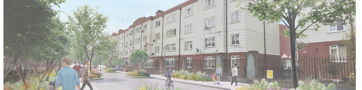 Illustration of a landscaped residential street with new planting, walking routes and cycling facilities.