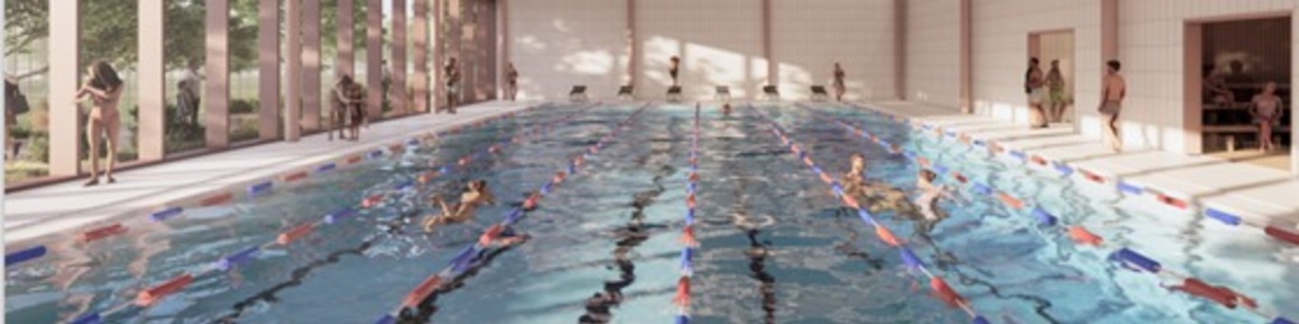 Indoor swimming pool with multiple lanes, swimmers in the water, large windows letting in natural light, and a high-ceilinged, modern building.