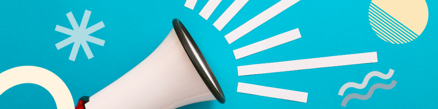 Hand holding a white megaphone against a bright blue background, with graphic sound waves and abstract shapes suggesting public announcements or communications.