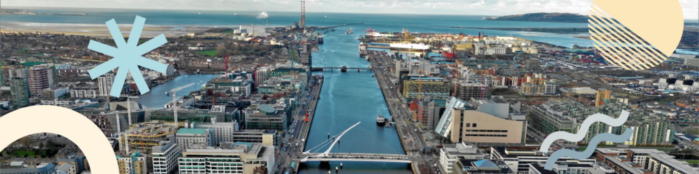 Aerial view of the River Liffey and Dublin Docklands with modern buildings, bridges, and Dublin Bay in the distance. Large abstract graphic elements overlay the image.