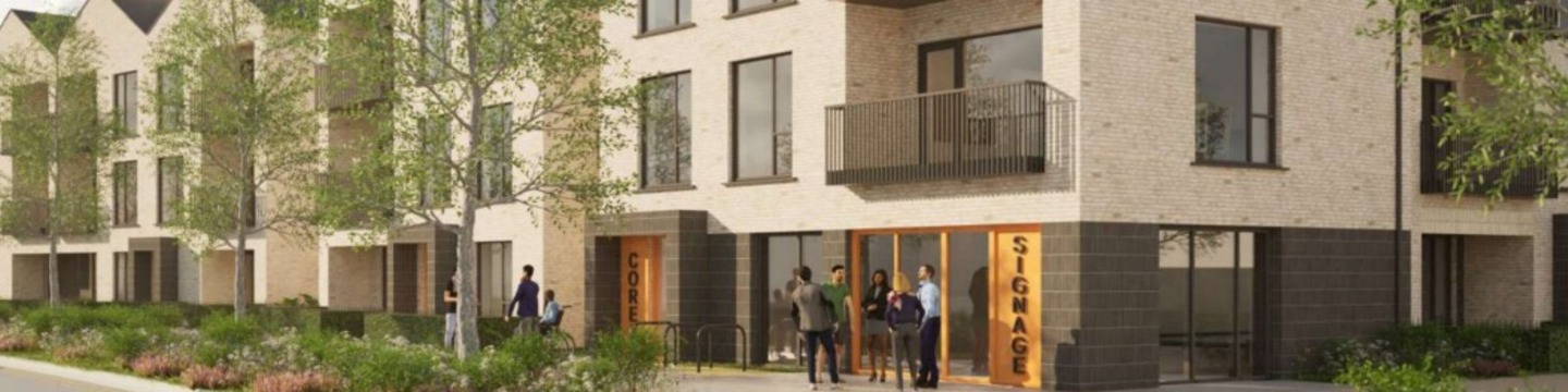 Artist impression of houses with people standing in front