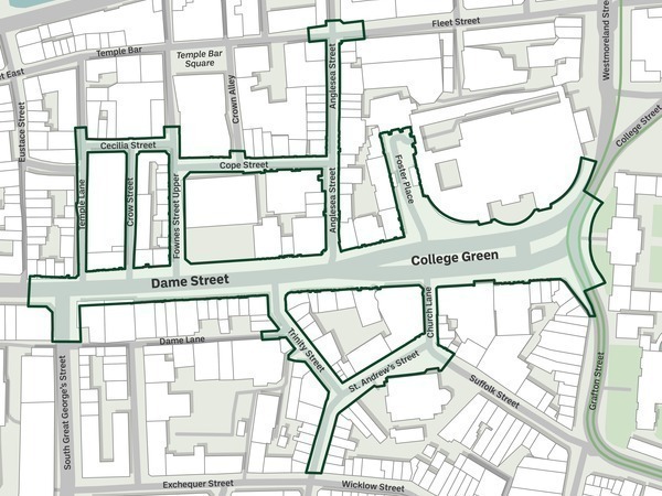 A map of the Grow College Green project area for re-design as outlined from South Great George’s Street to Trinity College Dublin including: Dame Street (from Trinity College to the junction at South Great George’s Street), College Green, Church Lane, Suffolk Street, St Andrew’s Street, Trinity Street, Temple Lane South, Crow Street, Cecilia Street, Fownes Street Upper, Cope Street, Anglesea Street and Foster Place.