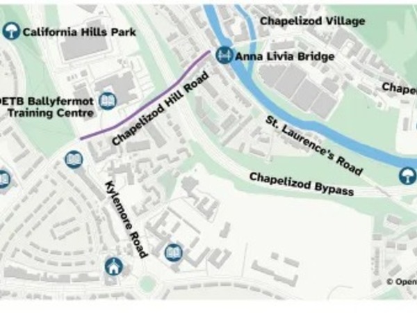 a map showing the extent of the chapelizod hill road scheme, which runs from Chapelizod Hill Road/Kylemore Road junction to the Chapelizod Hill Road/Lucan Road (R148)/Laurence’s Road junction.