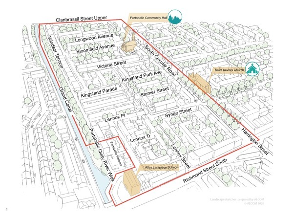 Image showing sketch of project area which extends from Grand Canal to Harrington Street between Richmond St South and Clanbrassil St Upper. The boundary is shown in red.