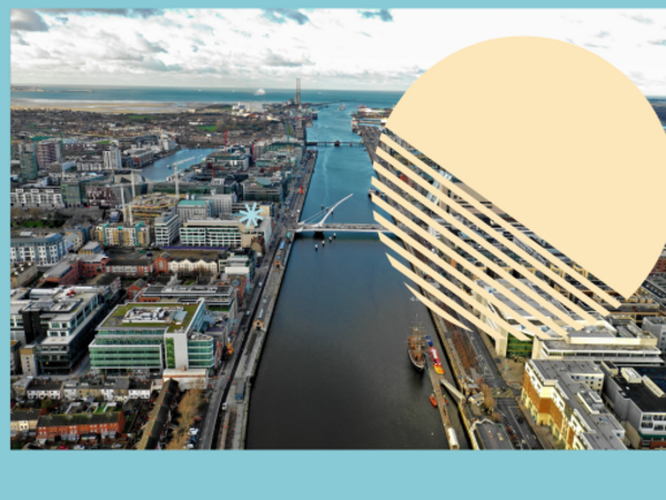 Aerial view of the River Liffey and Dublin Docklands with modern buildings, bridges, and Dublin Bay in the distance. Large abstract graphic elements overlay the image.