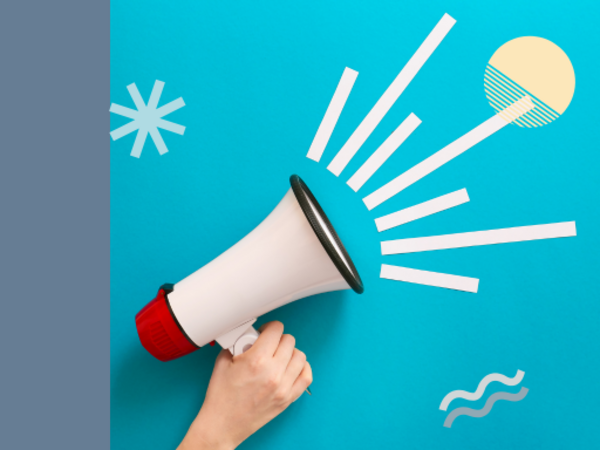 Hand holding a white megaphone against a bright blue background, with graphic sound waves and abstract shapes suggesting public announcements or communications.