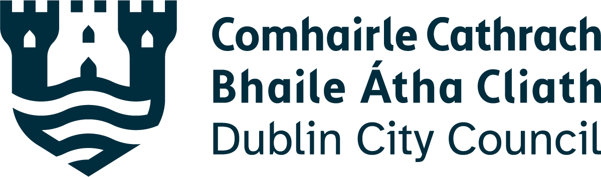 Dublin City Council logo featuring a stylised navy shield with three castellated towers above wavy lines representing water, beside the text ‘Comhairle Cathrach Bhaile Átha Cliath – Dublin City Council