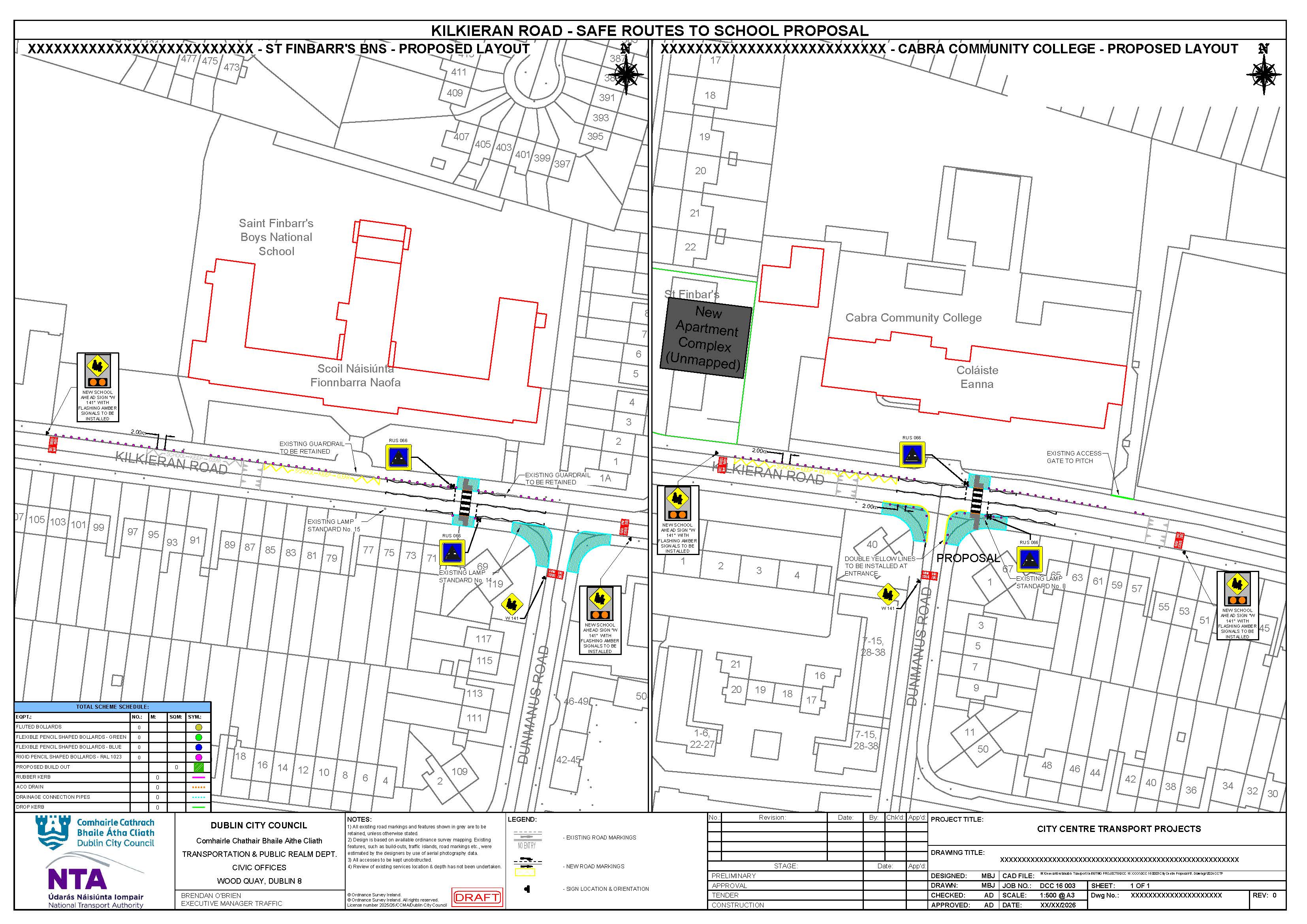 Kilkieran Road Safe Routes to School Proposal Layout Engineering plan showing proposed safe routes to school upgrades on Kilkieran Road, including crossings, signage, and traffic calming near local schools.