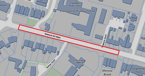 A map snippet showing the extent of works at Presentation Primary School.