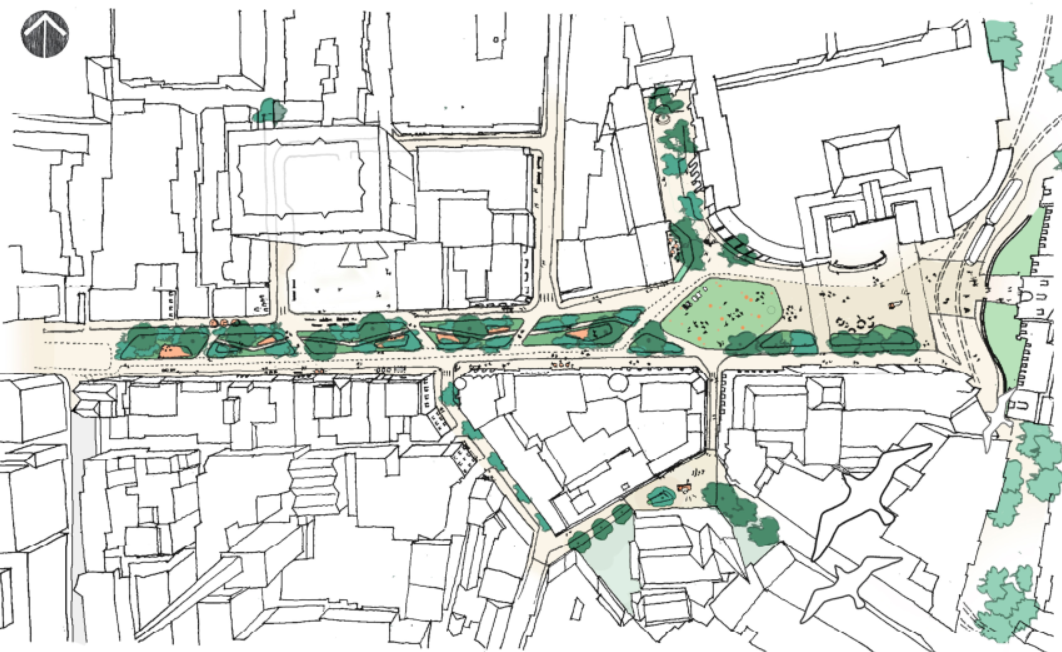 Visual in plan view of the emerging conceptual design of the project area