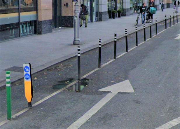 Image 4: Example of flexible bollards & Flecta Bollards along the cycle lane on Parnell Street.