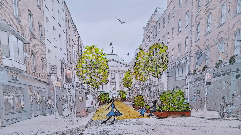 An artist impression of the proposed changes on Parliament St from the Essex St Junction to Lord Edward St showing tress, shrubs, planters, benches and 2-way cycle track. 
